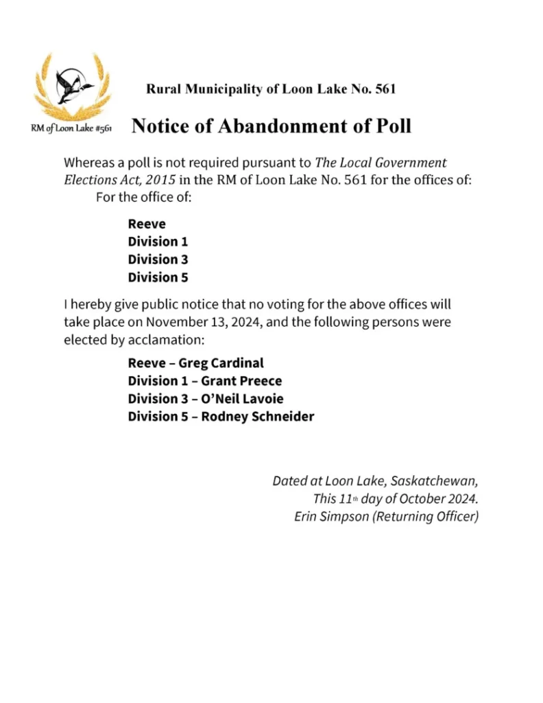 Notice Of Abandonment Of Poll Rm Of Loon Lake