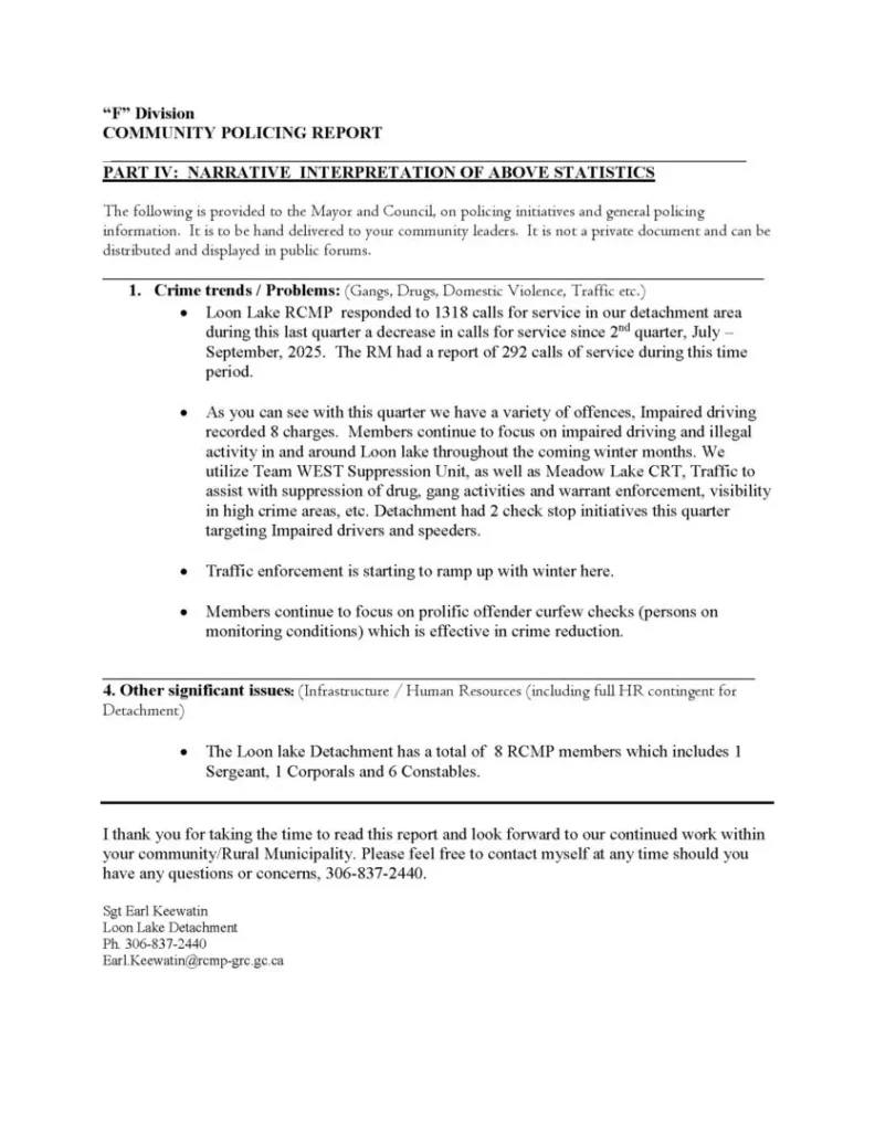 Loon Lake Rm 3rd Quarterly Report Community Policing Report 2025 Page 2